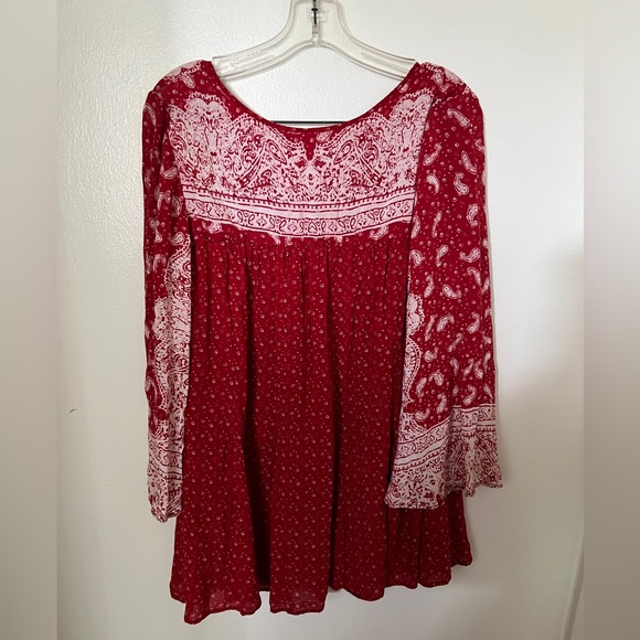 FREE PEOPLE Red Paisley Bell Sleeve Mixed Print Tunic Dress Size S Boho Festival - Picture 5 of 6